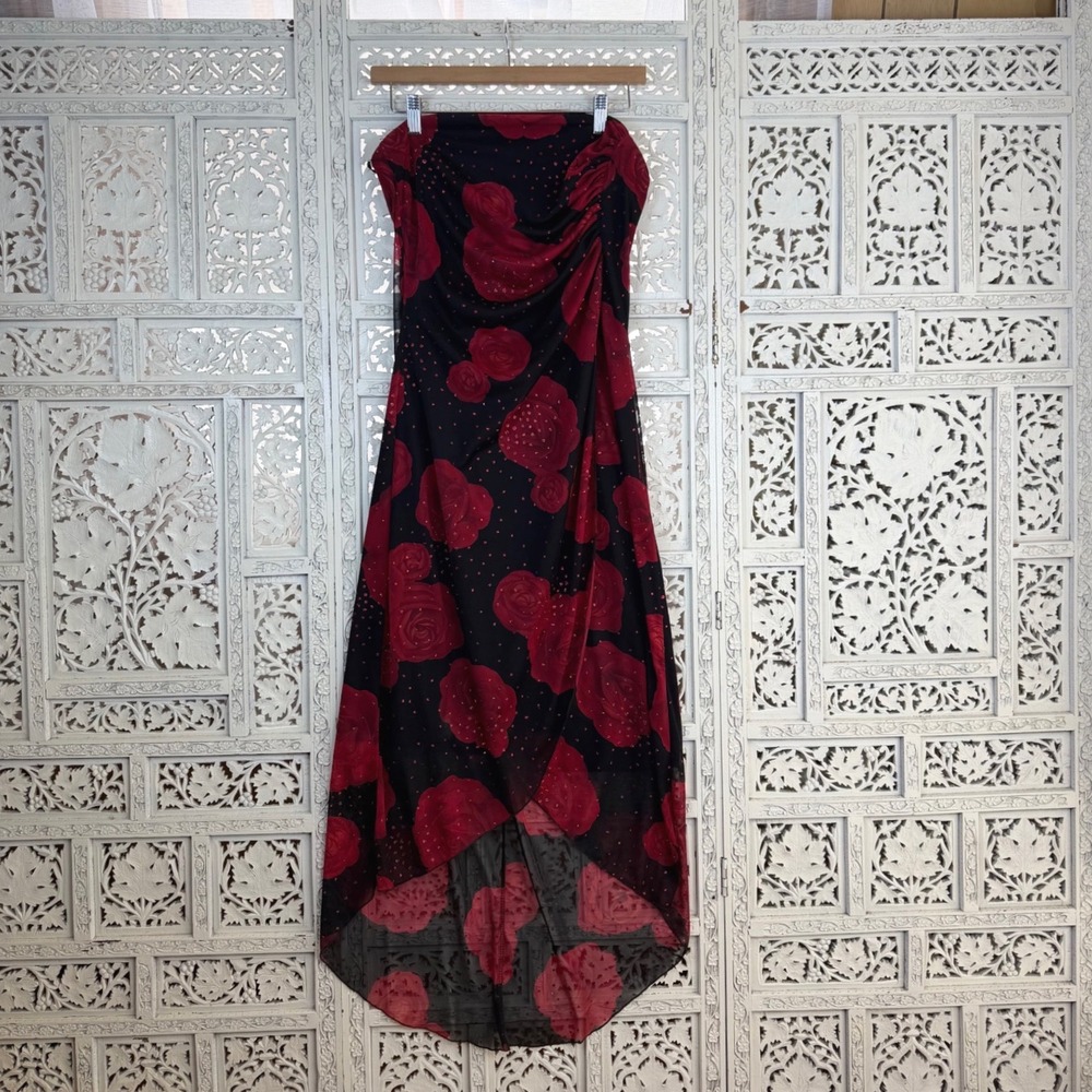 Y2K Strapless Mesh Overlay Floral Asymmetric‎ Dress Sz M/L  Whimsigoth Fairy